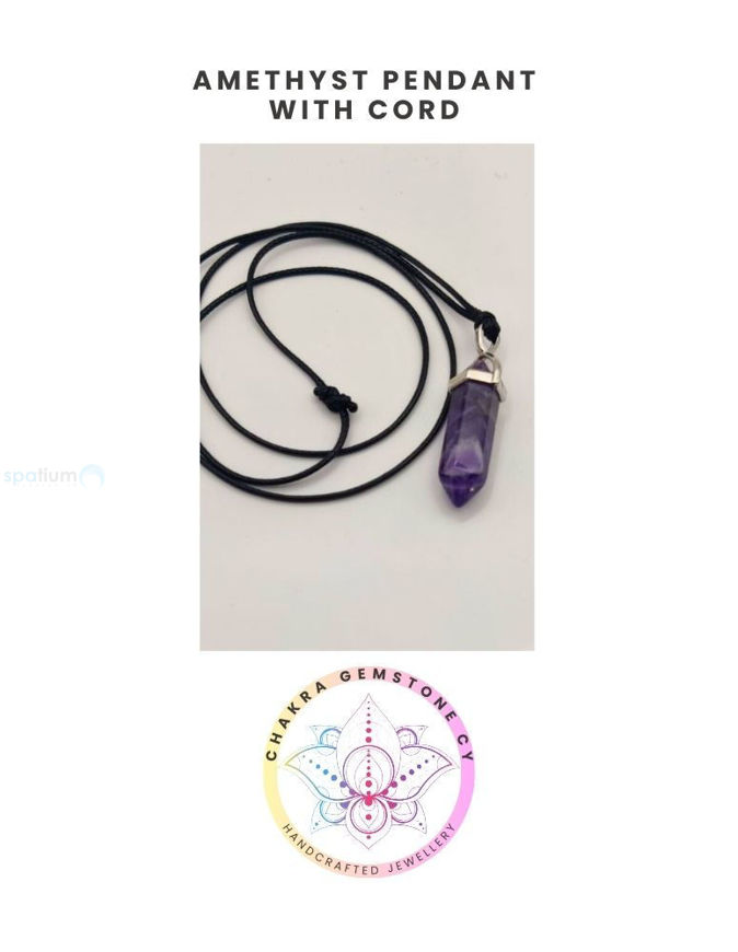 Picture of Amethyst – Stone of Peace & CalmNatural Amethyst Double Point Pendant with a black cord necklace.